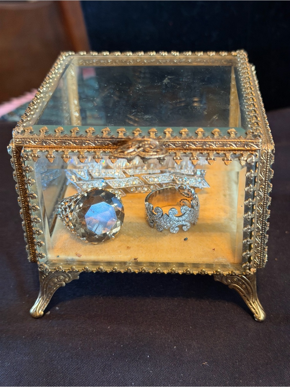 Beautiful French Square Ormolu Jewelry Casket Vintage